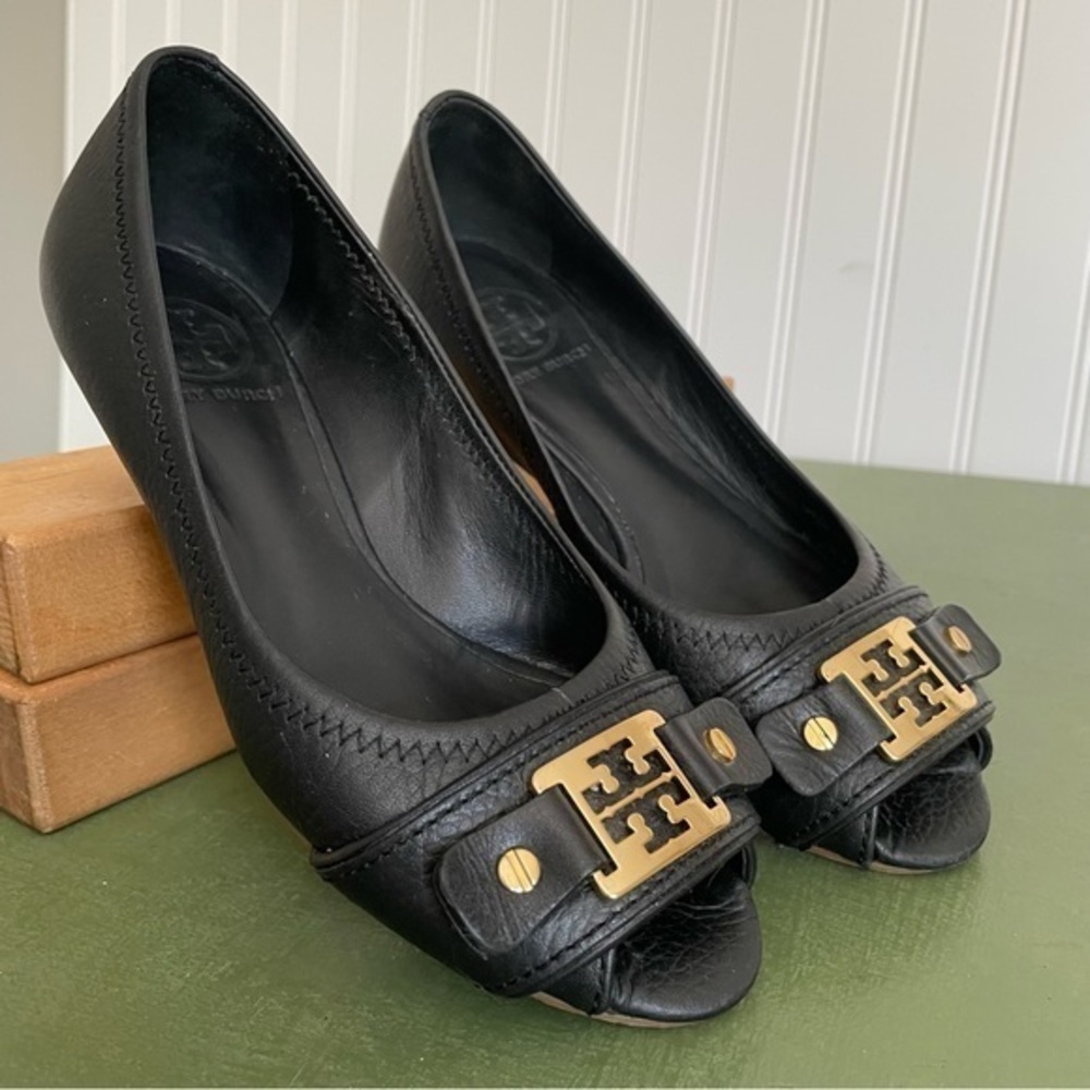 Tory Burch LETICIA Peep-Toe Leather Low Wedges